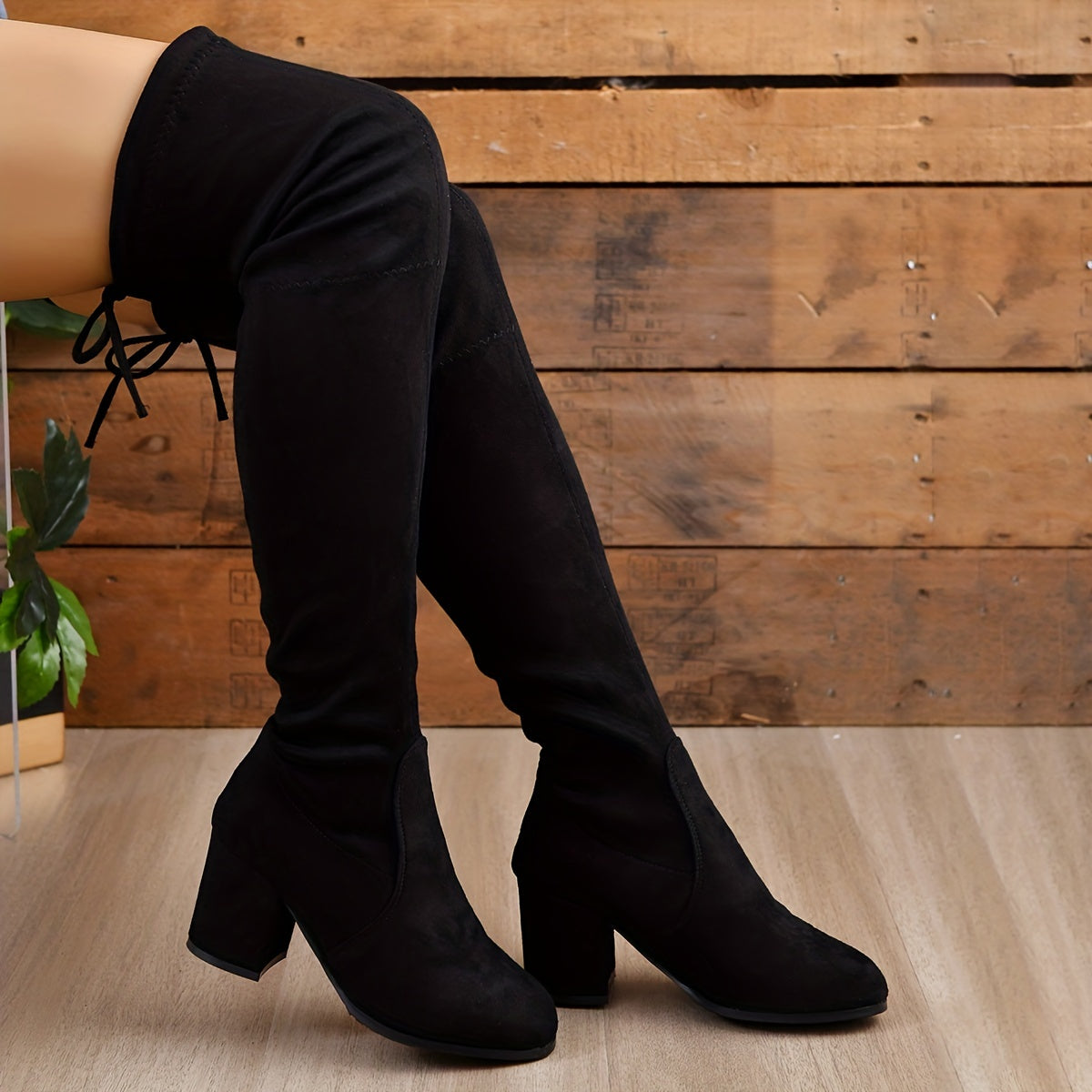 Women's Solid Long Boots Chunky Heel Lace Up Over Knee Shoes