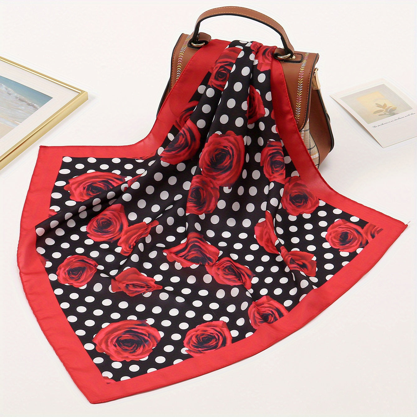 Polka Dot Rose Print Bandana Red Square Scarf Necke...