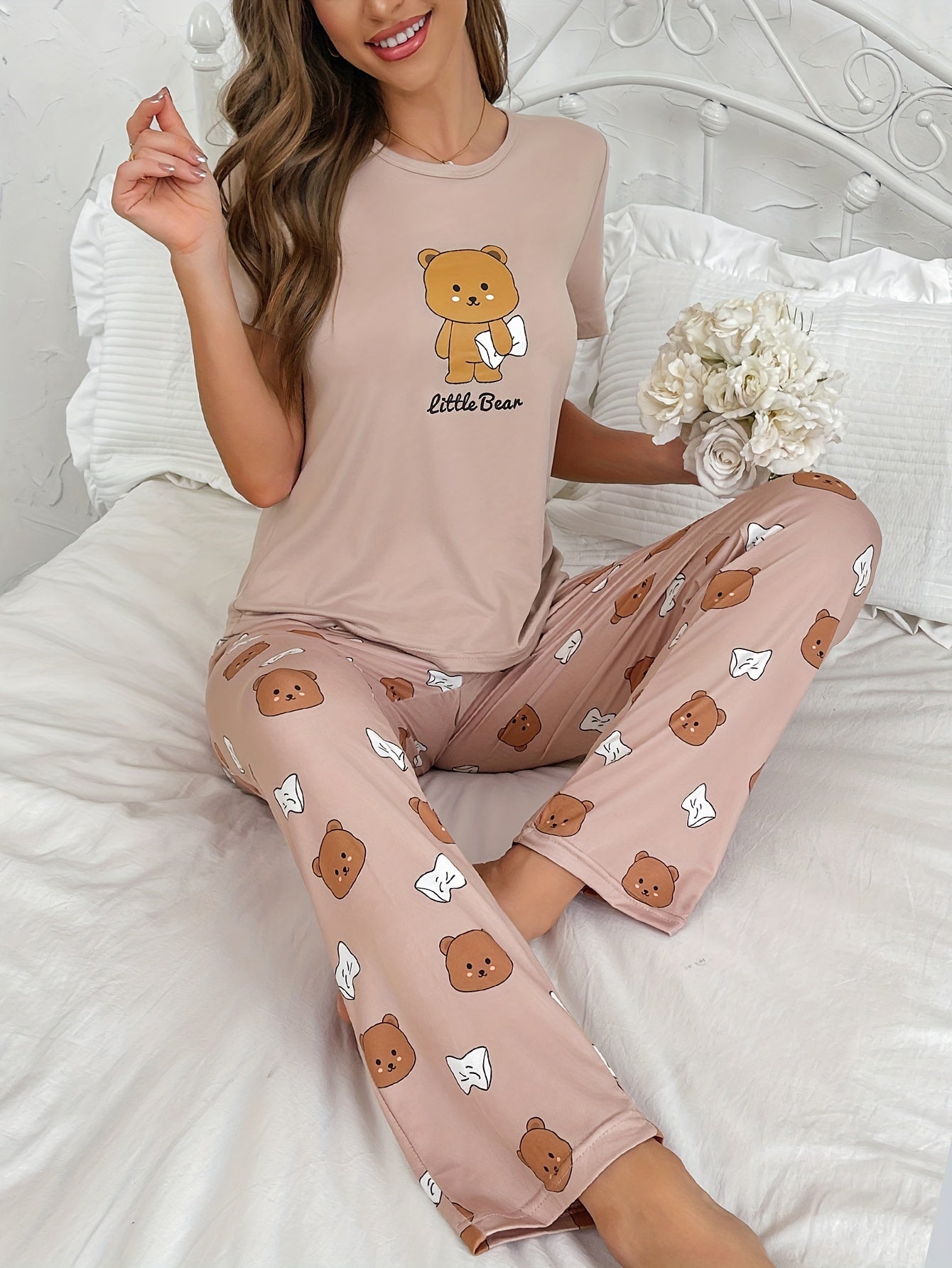Cartoon Bear Lounge Set Short Sleeve Top & Pants Women's Pajama Set