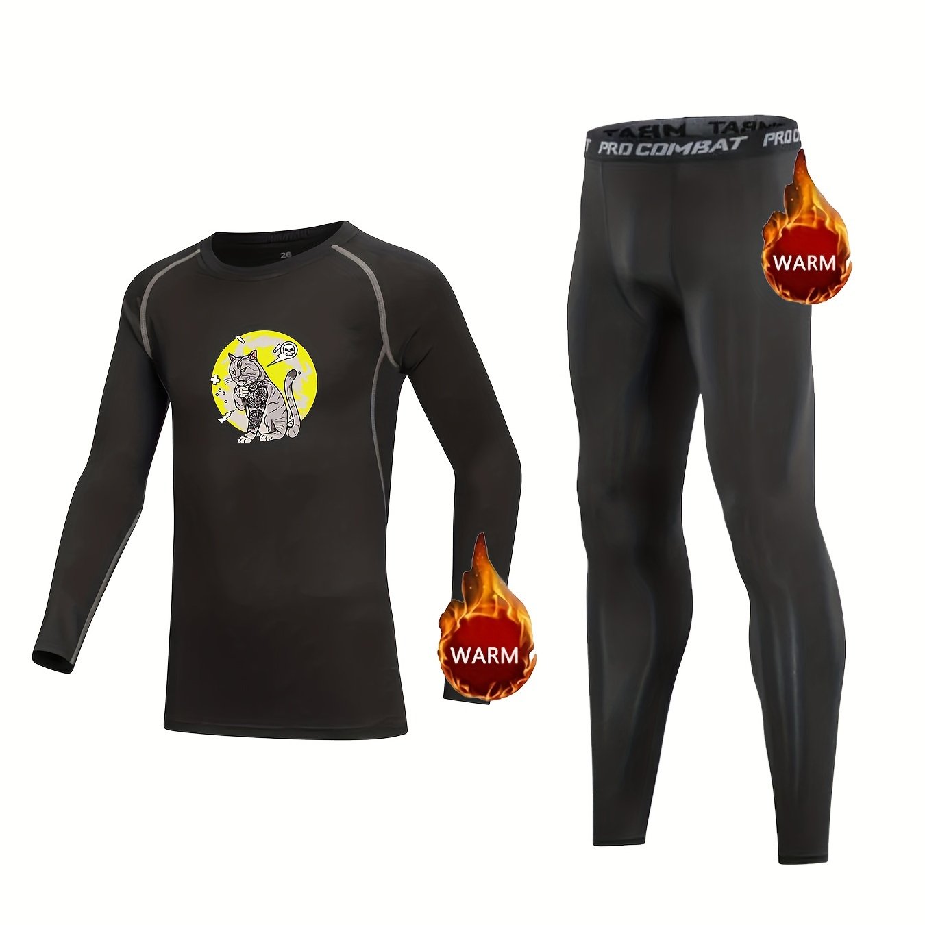 2pcs Kids Compression Fleece Sets Cartoon Pattern Pullover Elastic Waist Pants