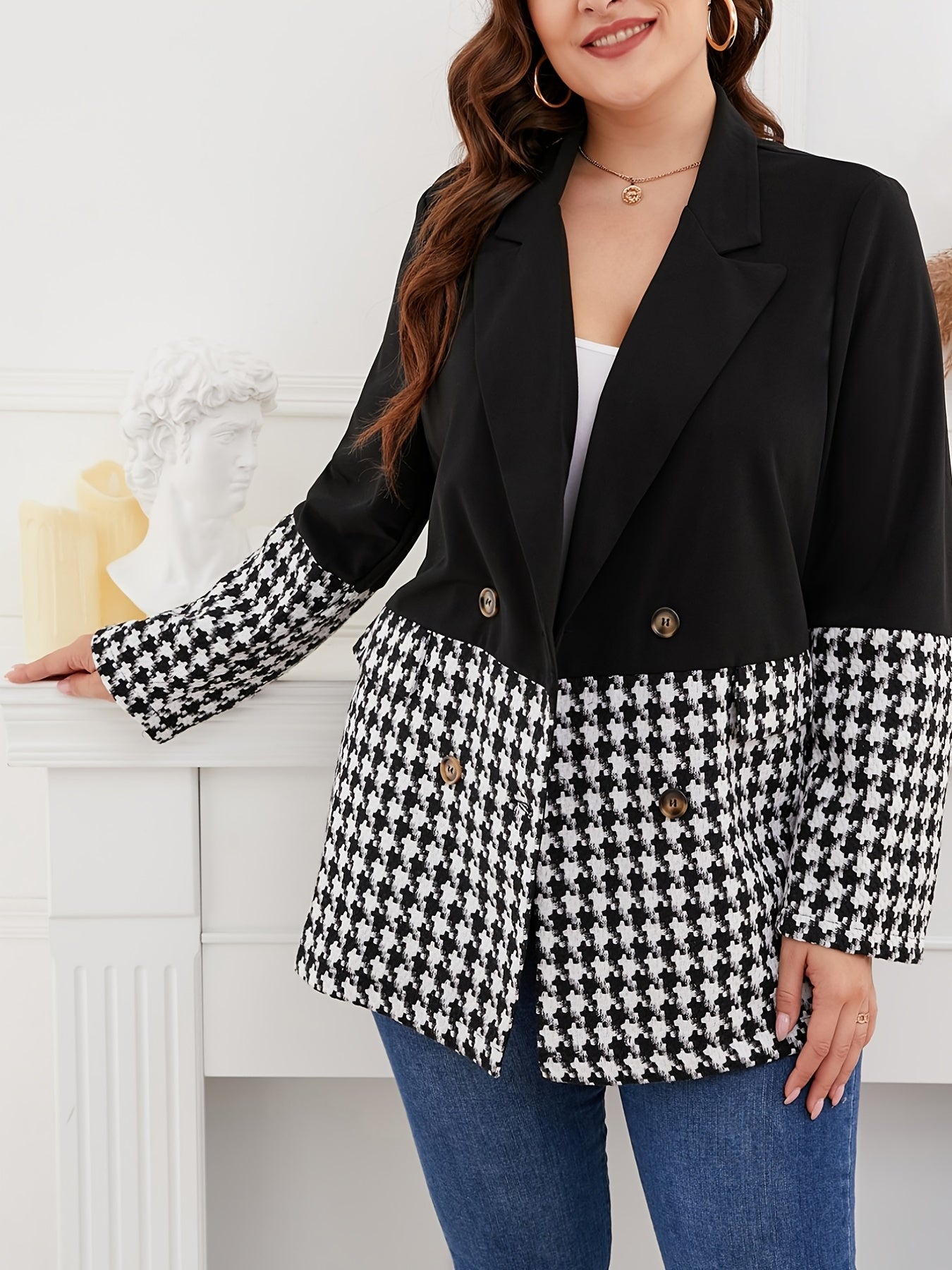  Houndstooth Lapel Collar Blazer Women's Plus Business Casual Blazer