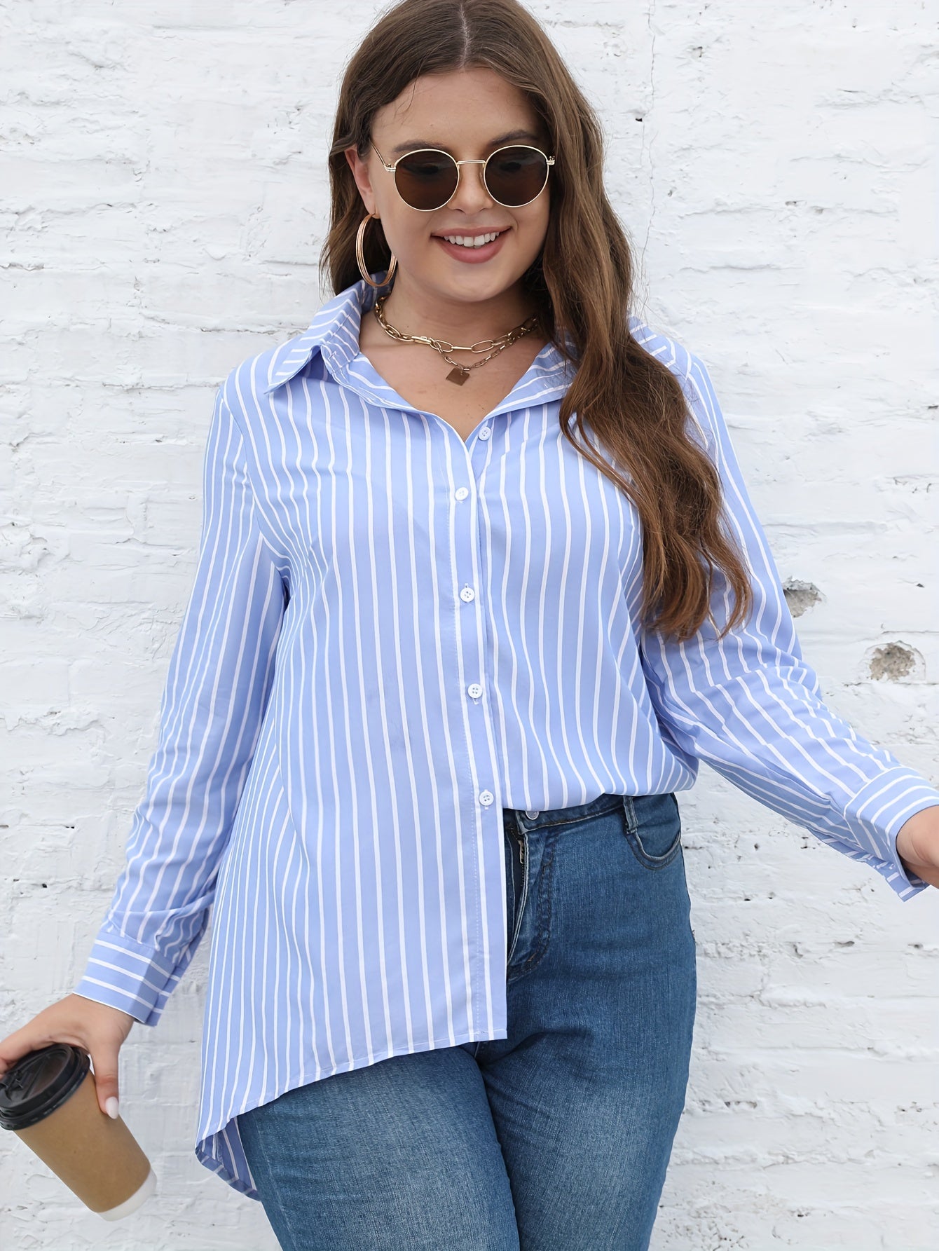 Stripe Print Button Up Long Sleeve Tunic Blouse