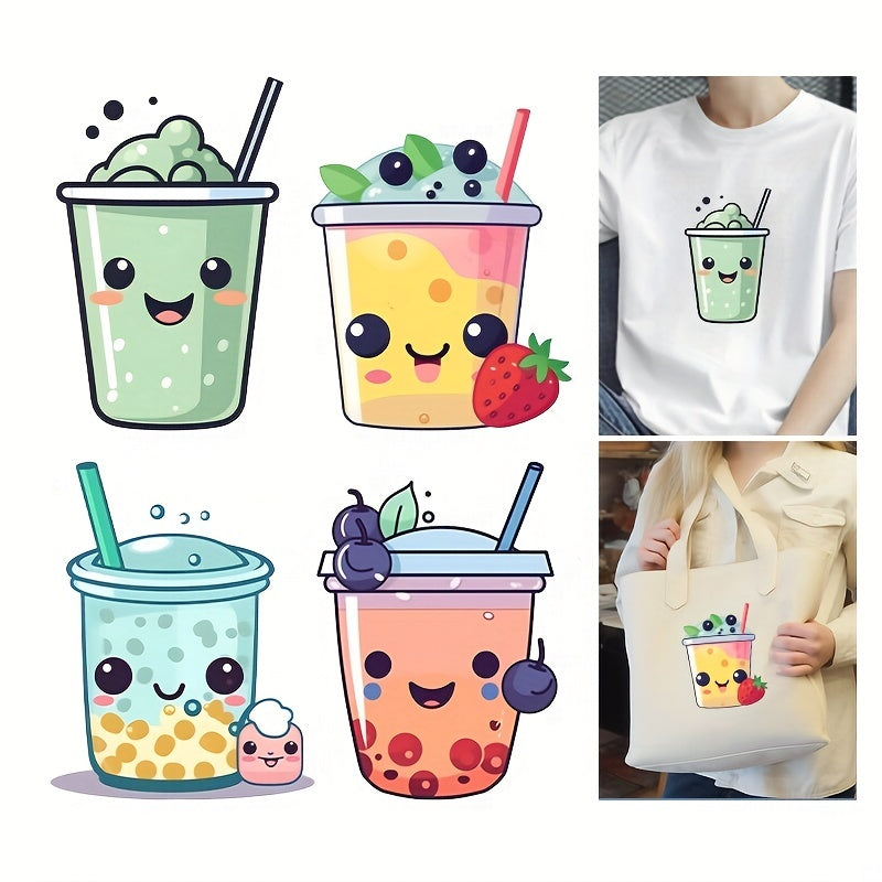 4pcs Cartoon Bubble Tea Heat Transfer Vinyl Patches DIY Clothing T Shirts Masks