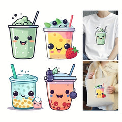 4pcs Cartoon Bubble Tea Heat Transfer Vinyl Patches DIY Clothing T Shirts Masks