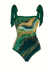 Marble Print Tankini Set One Piece Swimsuit & Skirt Two Piece Bathing