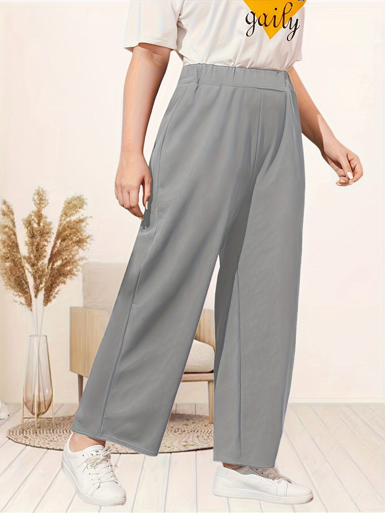  Solid Elastic High Rise Wide Leg Pants