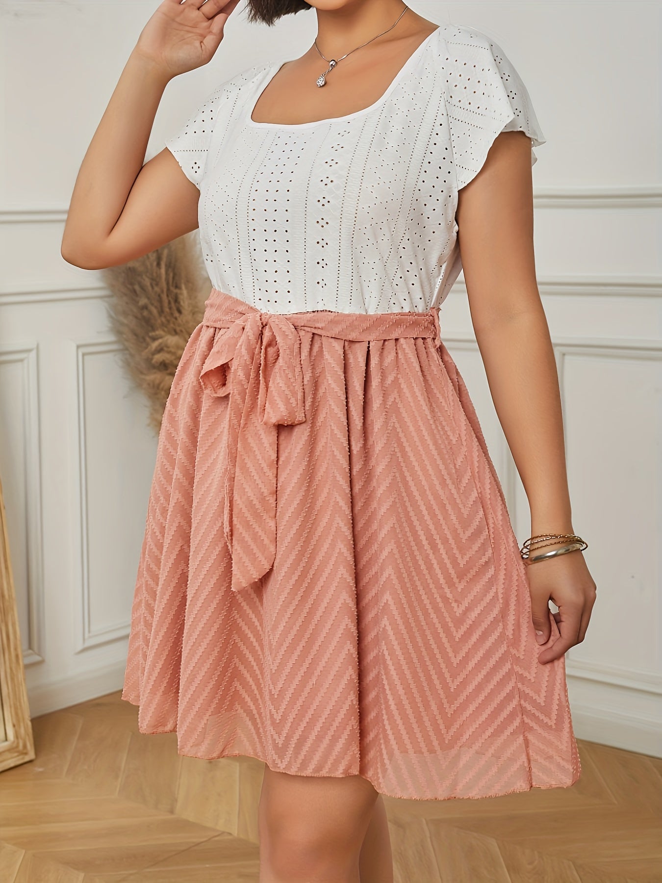  Eyelet Embroidery Pleated Dress with Belt