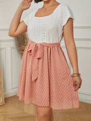  Eyelet Embroidery Pleated Dress with Belt