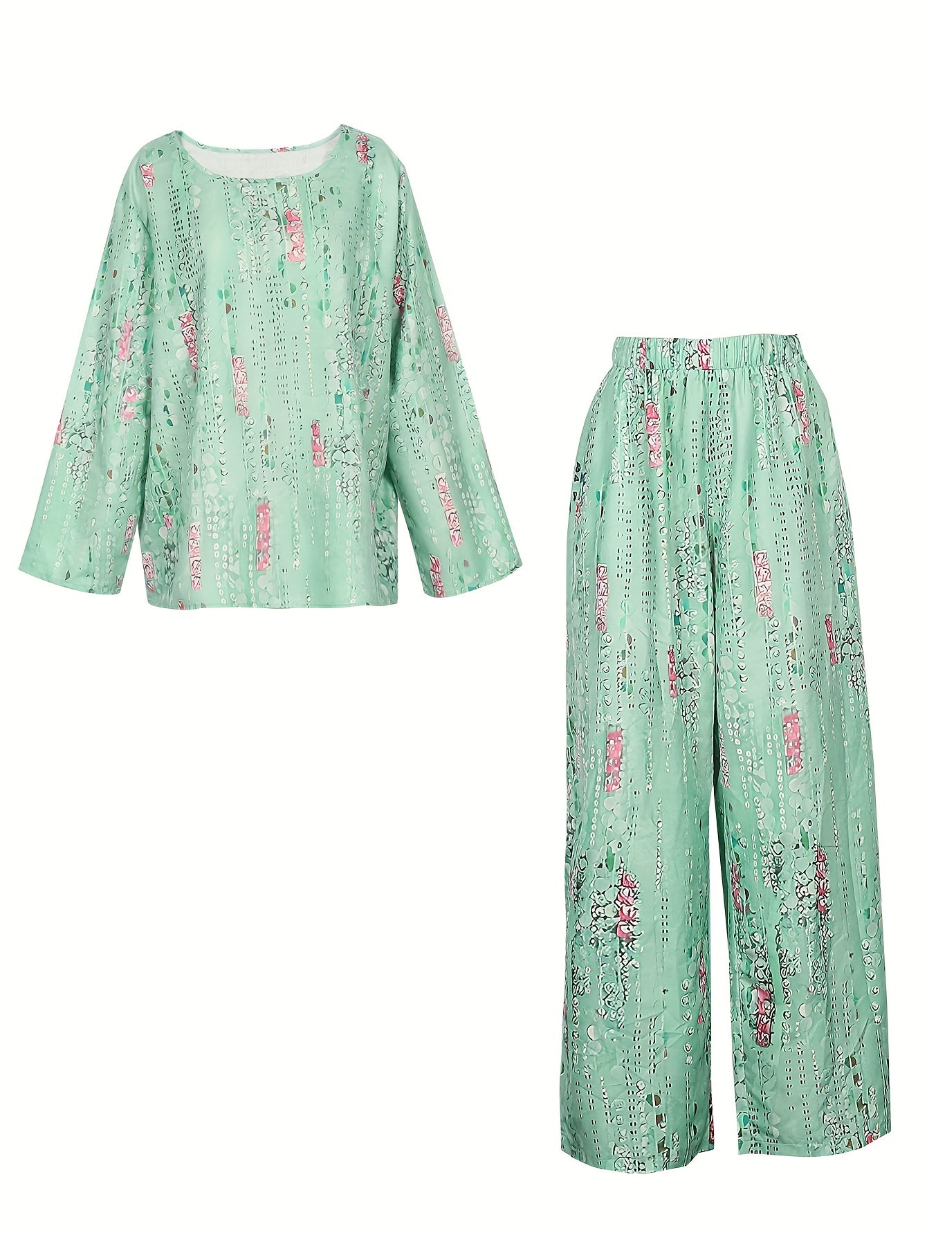 Women's Plus Floral Print Long Sleeve Top & Wide Leg Pants Set