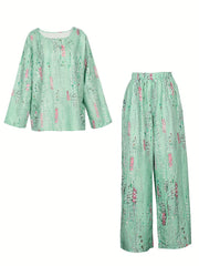 Women's Plus Floral Print Long Sleeve Top & Wide Leg Pants Set