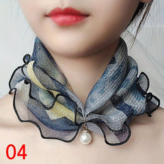 Lace Ruffles Scarf Faux Pearl Pendant Neck Gaiter