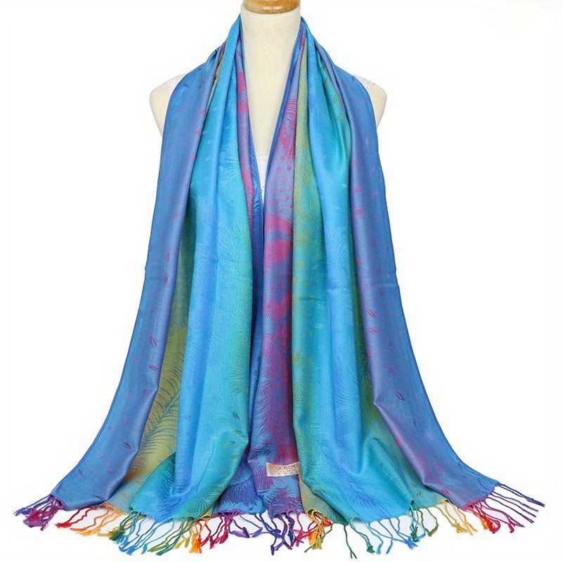 Gradient Fringed Scarf Long Print Warm Shawl Sunscreen Satin Shawl Wraps