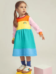 Girls Rainbow Block Long Sleeve Princess Dress