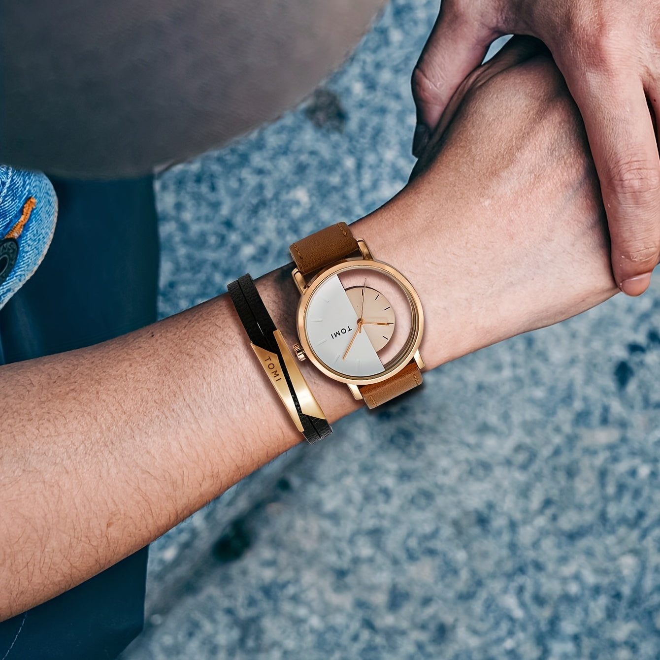 Men's Round Dial Quartz Watch & Letter Detail Bracelet Set