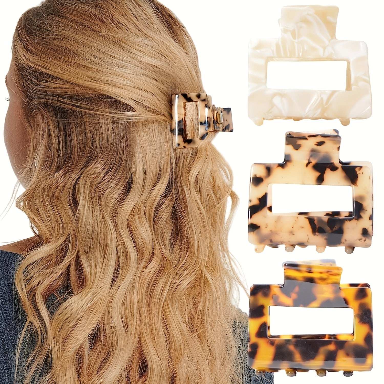 3pcs Acetate Hair Claw Square Hollow Ponytail Holder Hair Accessories