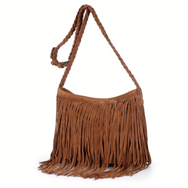 Fringe Solid Shoulder Bag Braided Strap Suede Stylish Crossbody Bag Zipper