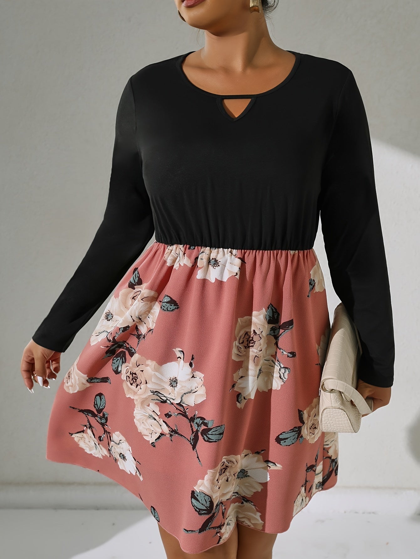  Colorblock Floral Print Long Sleeve Round Neck Cut Out Dress