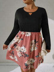  Colorblock Floral Print Long Sleeve Round Neck Cut Out Dress