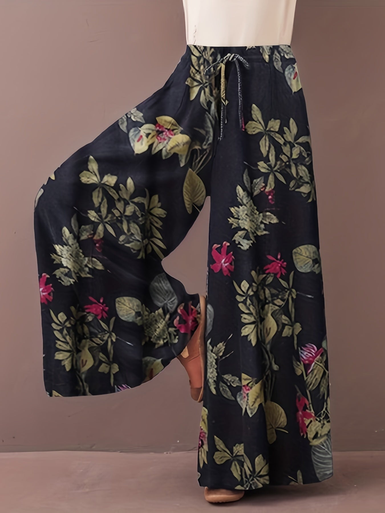  Pants Women's Plus Floral Print Elastic Drawstring Wide Leg Pants