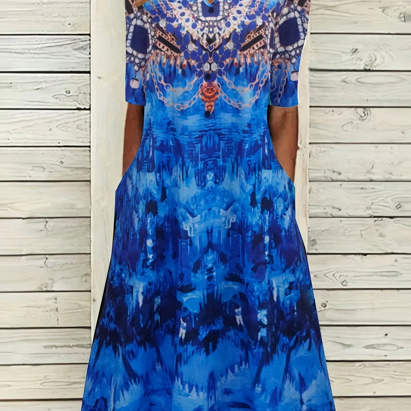  Boho Graphic Print Short Sleeve Stretch Dress