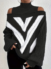  Geometric Print Cold Shoulder Sweater