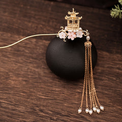 Vintage Chinese Style Hanfu Hairpin with Faux Pearl Flower Leaf Tassel