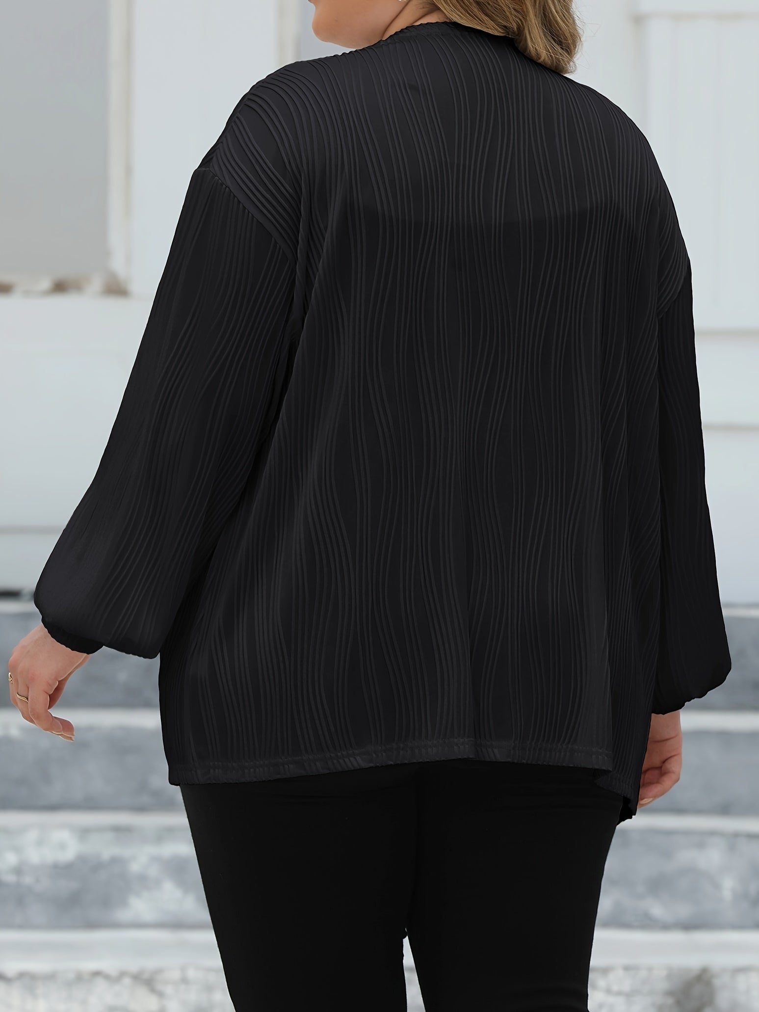  Casual Cardigan Solid Ribbed Lantern Sleeve Open Front