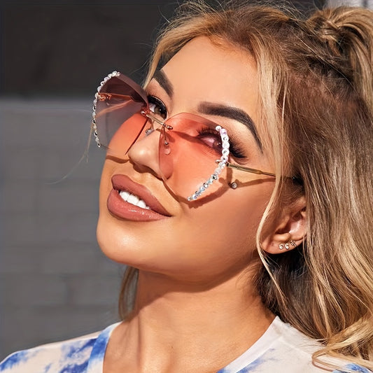Rhinestone Decor Rimless Sunglasses For Women Gradient Lens UV400