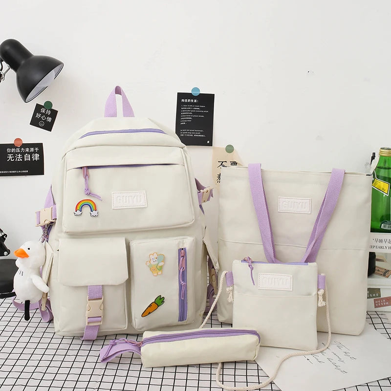 Harajuku Style Women's Backpack Set, Large-Capacity Canvas Travel Bag