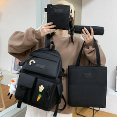 Harajuku Style Women's Backpack Set, Large-Capacity Canvas Travel Bag