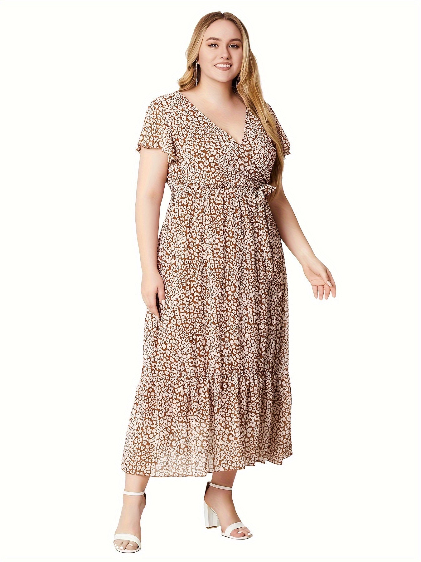  Ditsy Print Flutter Sleeve Maxi Dress With Belt