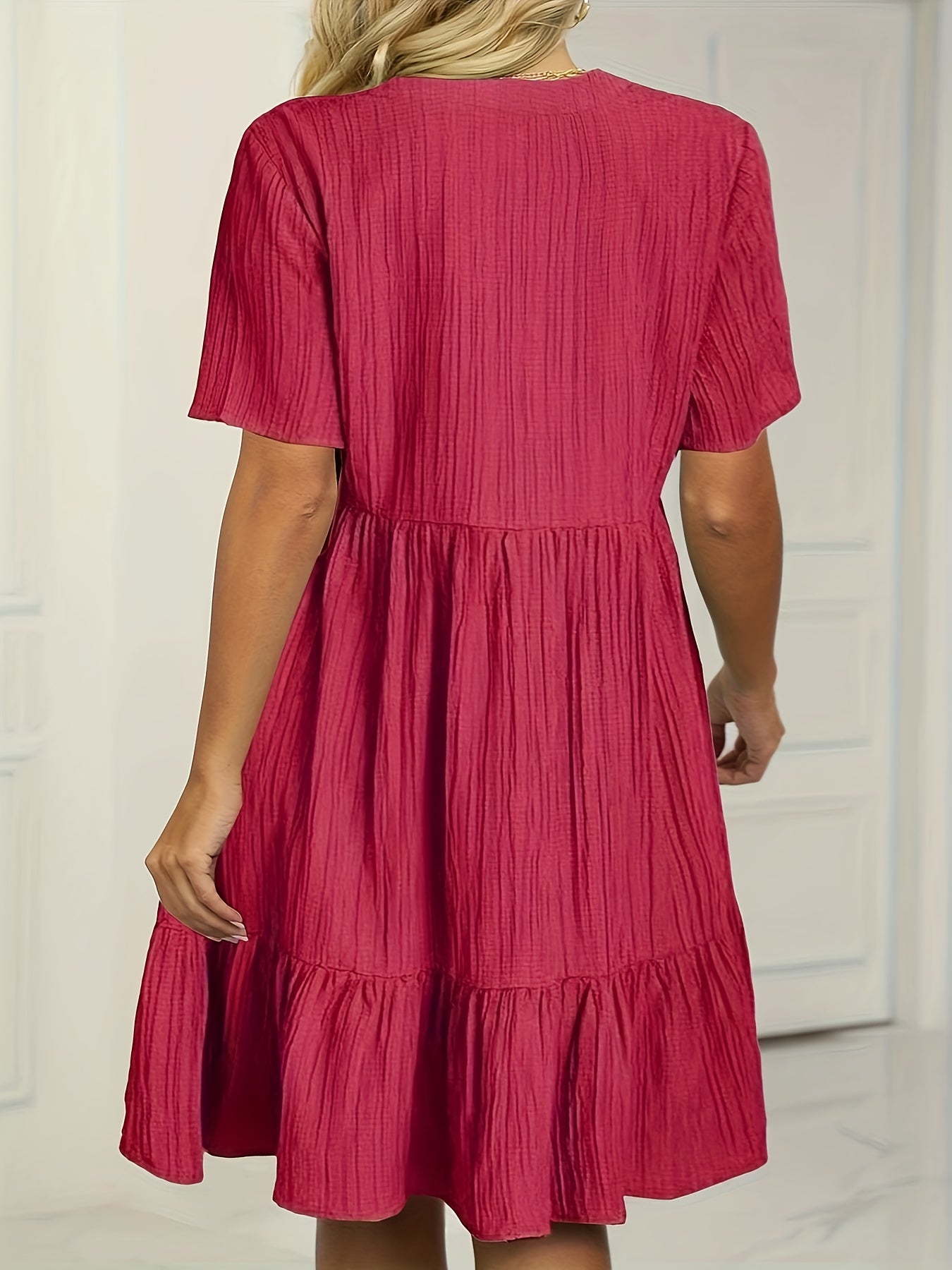  Solid Ribbed V Neck Smock Dress