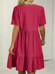  Solid Ribbed V Neck Smock Dress