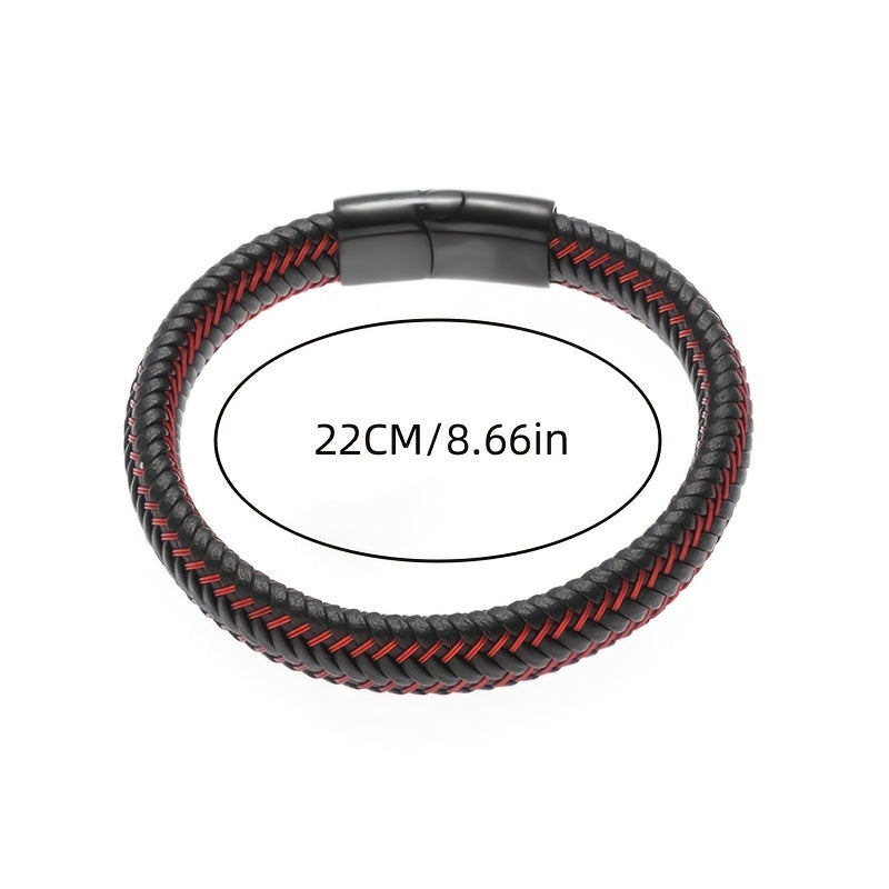 Men's Red Leather Braided Bracelet Magnetic Buckle