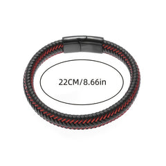 Men's Red Leather Braided Bracelet Magnetic Buckle