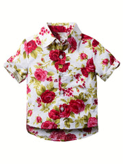 Blooming Flower Print Boys Top Short Sleeve Lapel Shirt for Summer