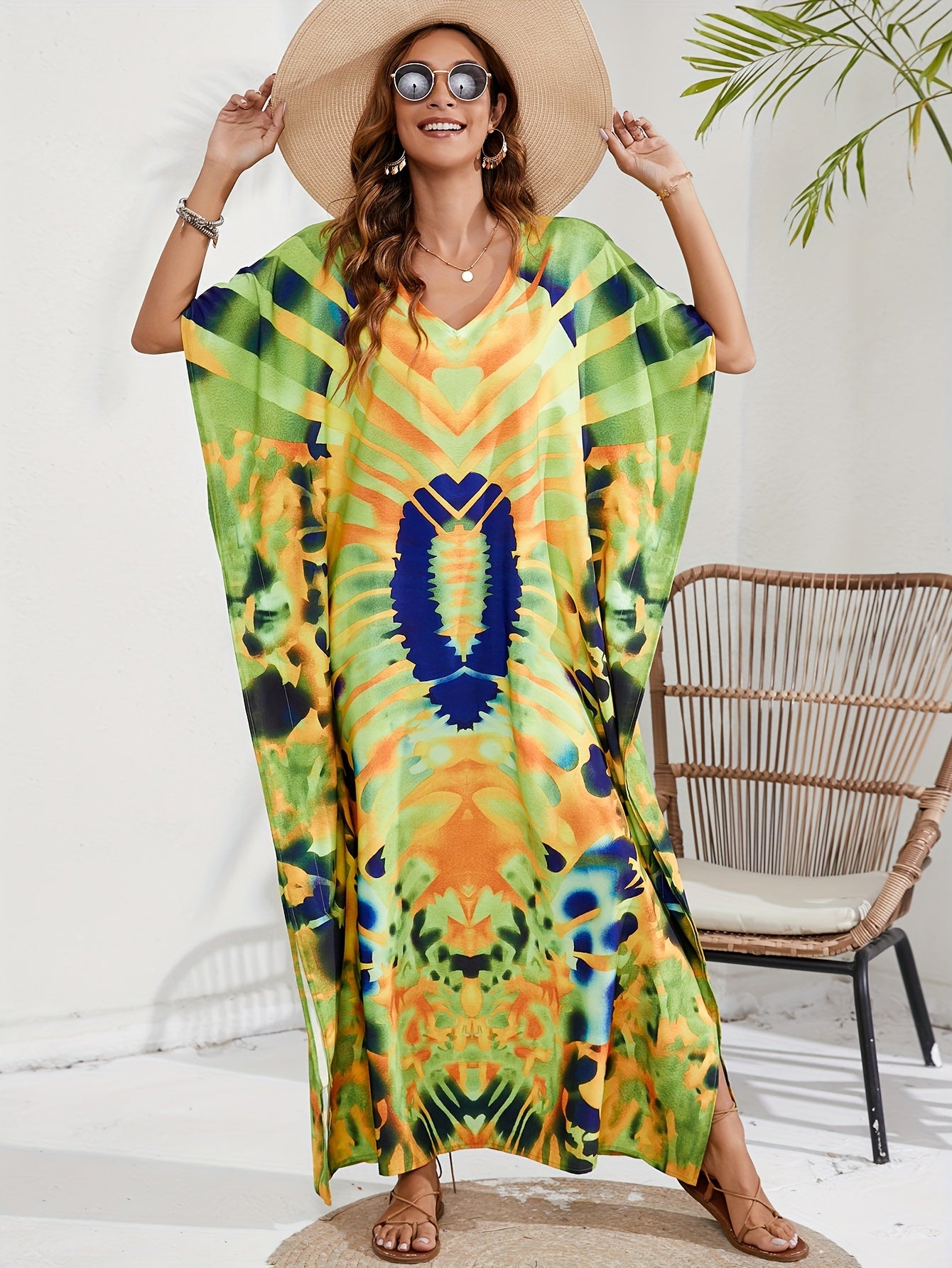  Boho Cover Up Women's Allover Print Maxi Split Dress