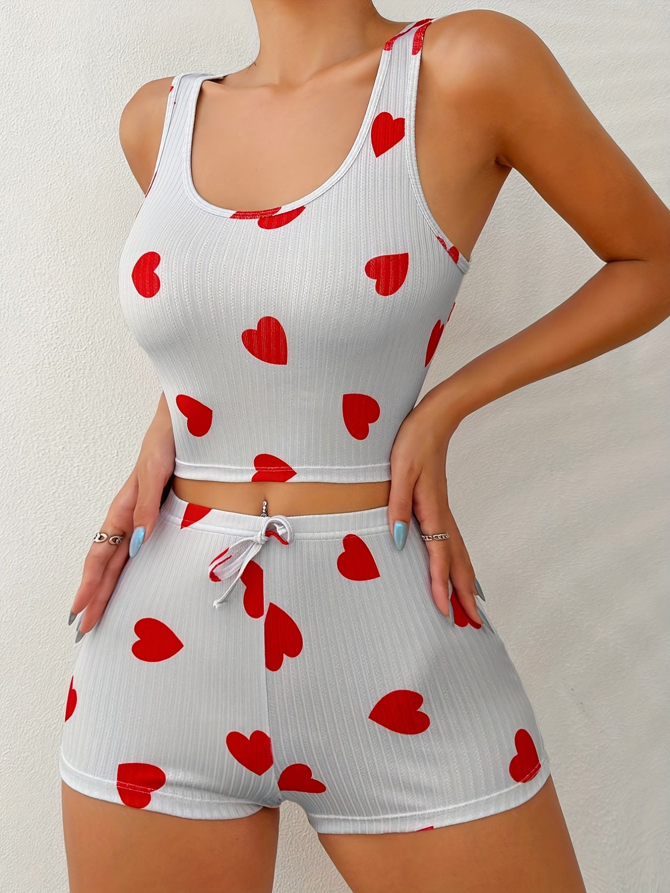 Heart Print Pajama Set Crew Neck Tank Top & Lace Up Shorts Women's Sleepwear