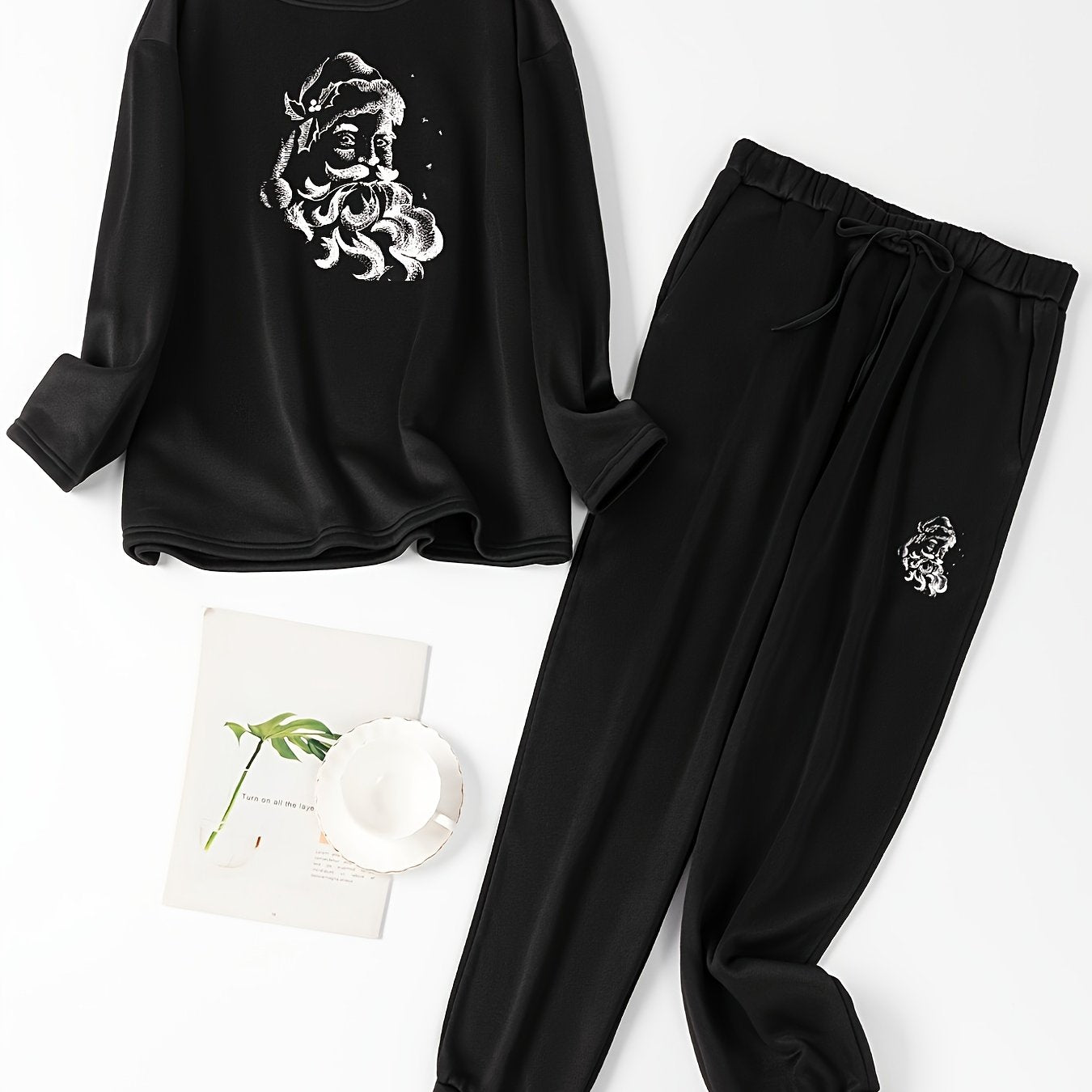  Christmas Lounge Set Women's Santa Fleece Top & Joggers Pajamas