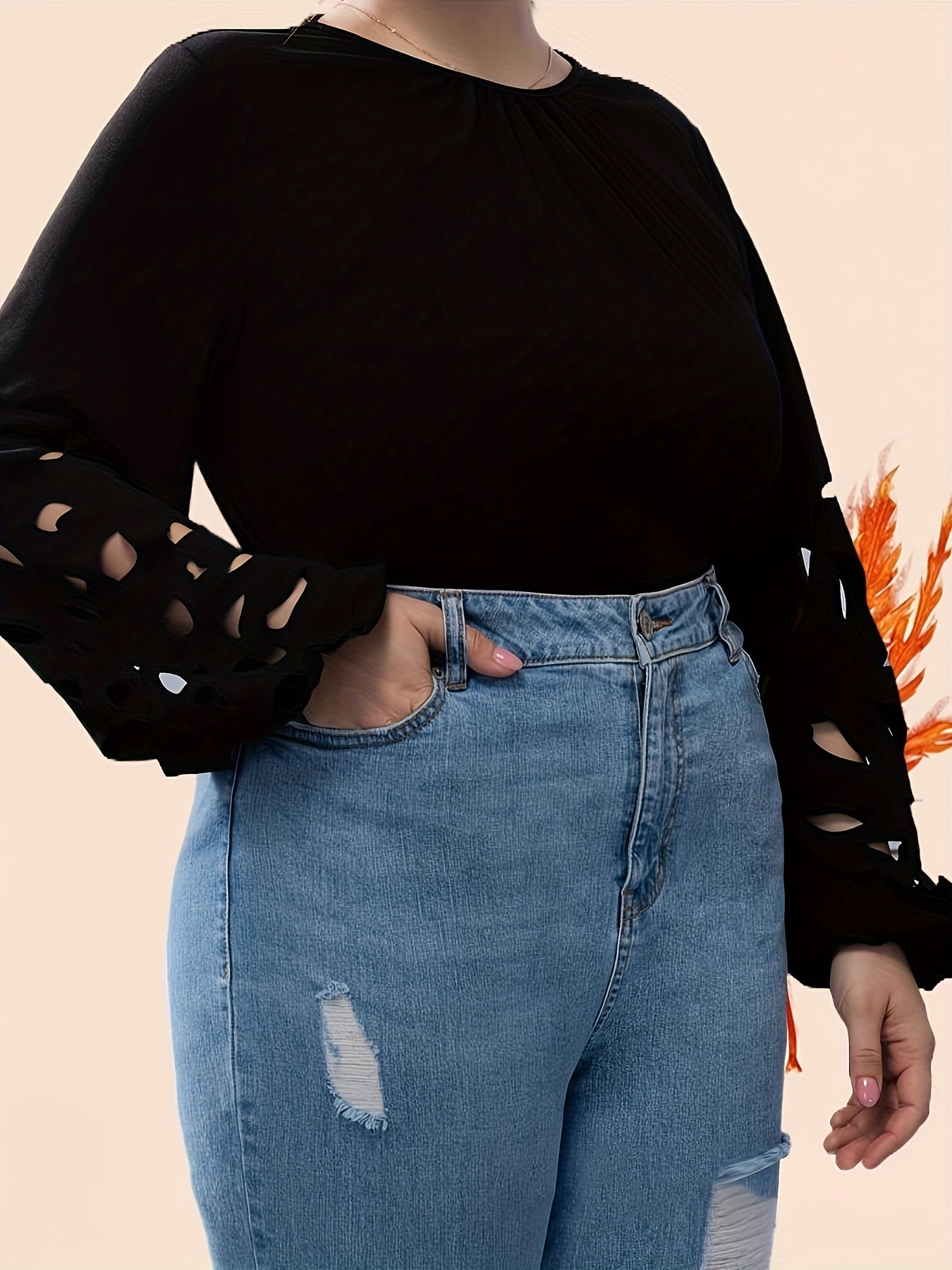  Solid Cut Out Lantern Sleeve Top