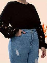  Solid Cut Out Lantern Sleeve Top