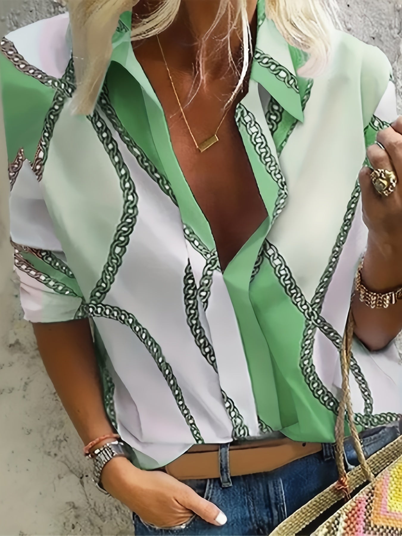  Chain Print Long Sleeve Blouse