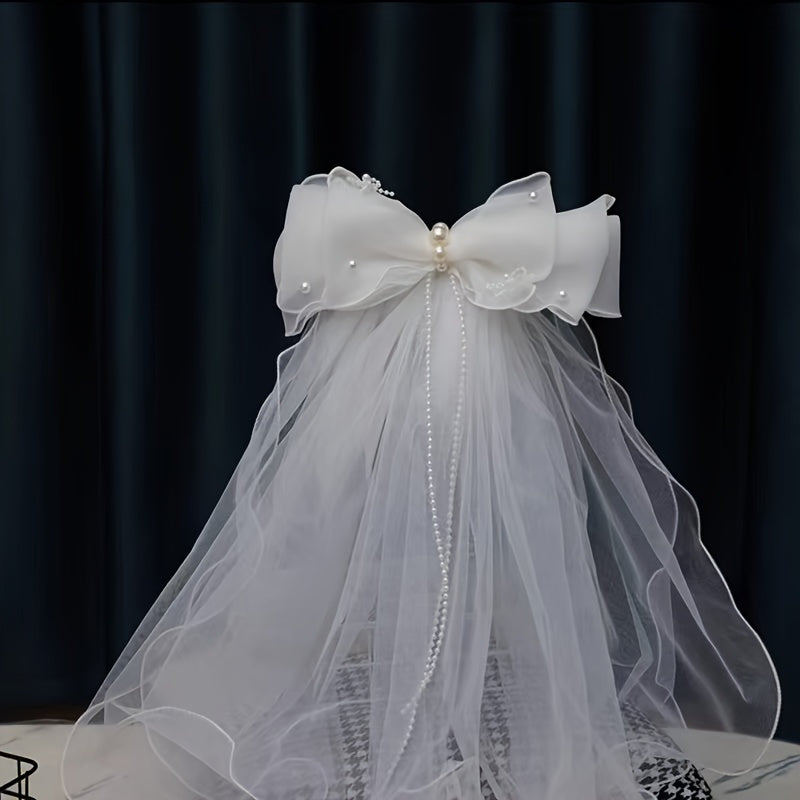 Delicate Lace Bridal Veil with Double Bow & Bead Accents