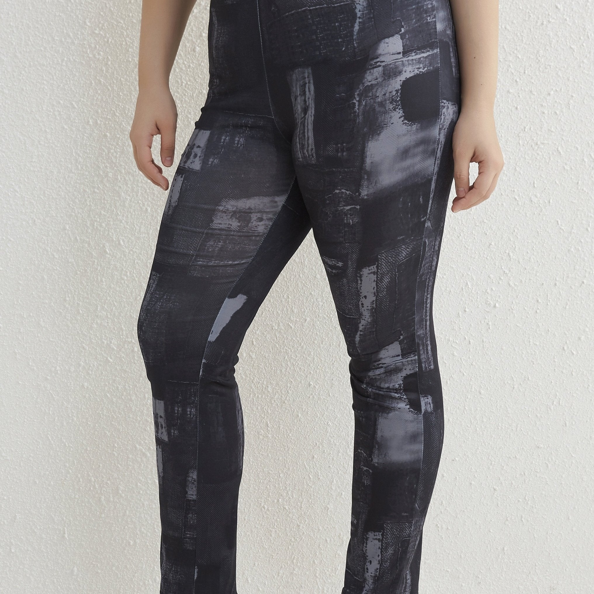  Colorblock Denim Print Stretch Leggings