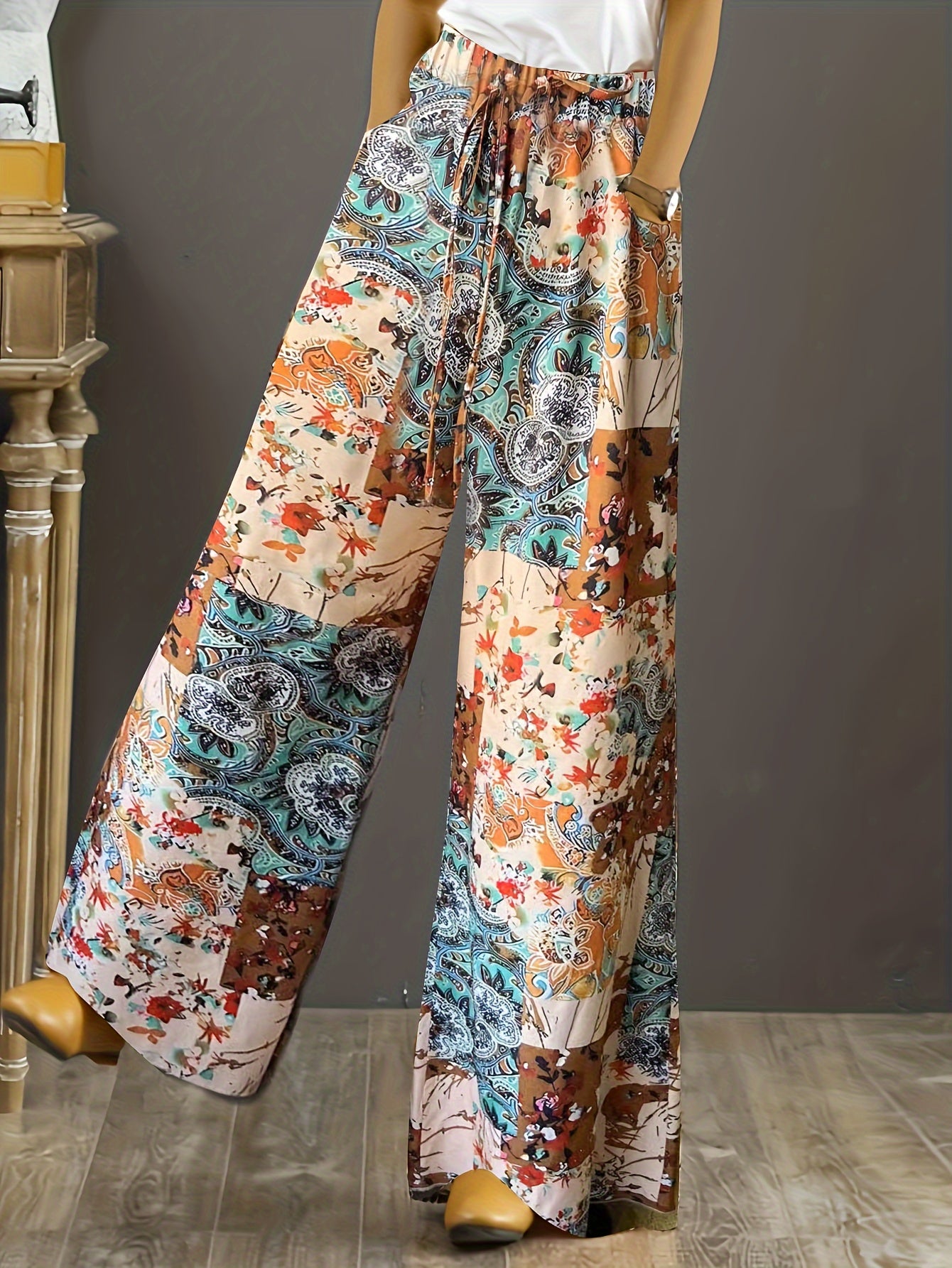  Boho Pants Women's Paisley Floral Print Wide Leg Trousers