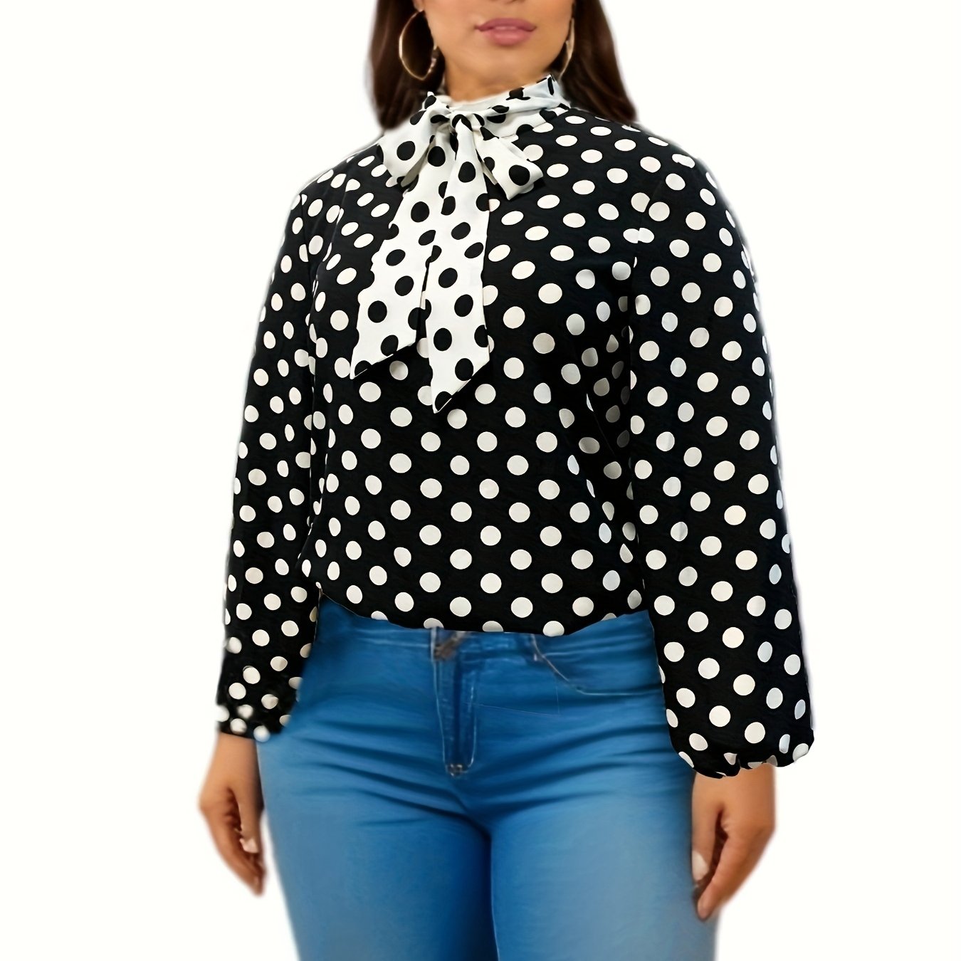 Colorblock Dot Print Lantern Sleeve Top