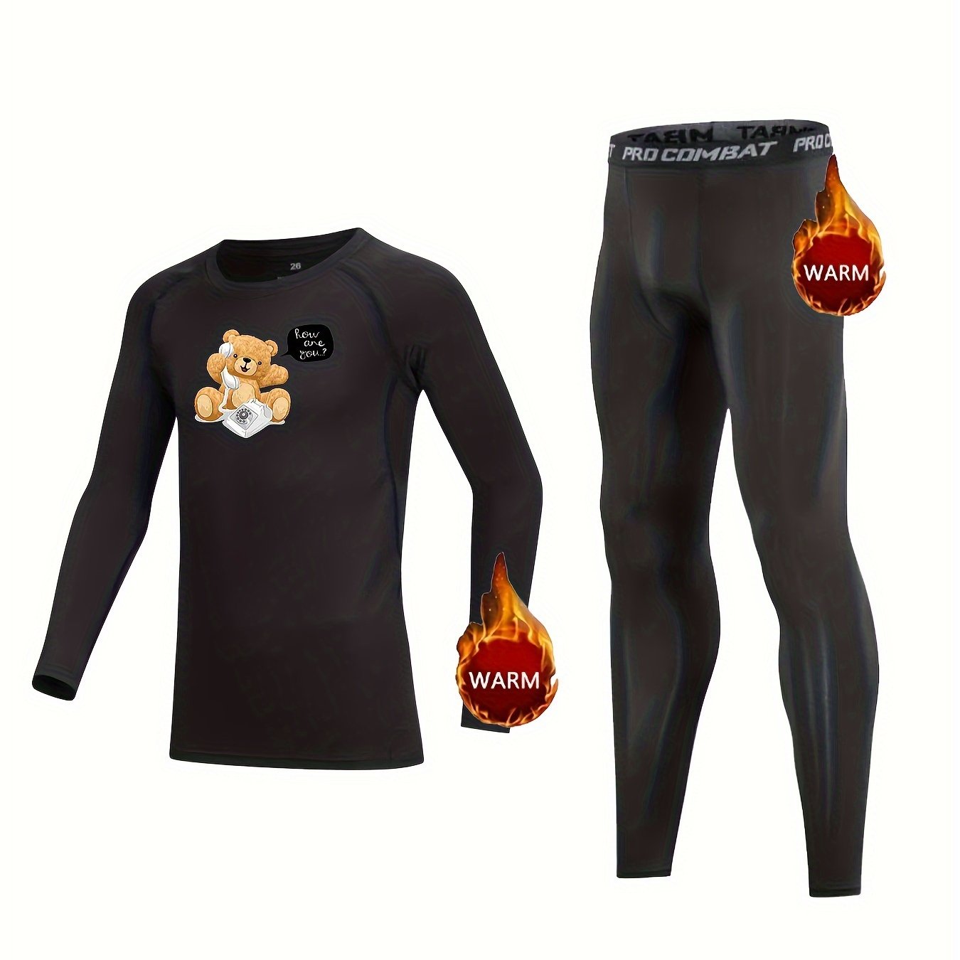 Kids Compression Fleece Sets Bear Pattern Crew Neck Pullover