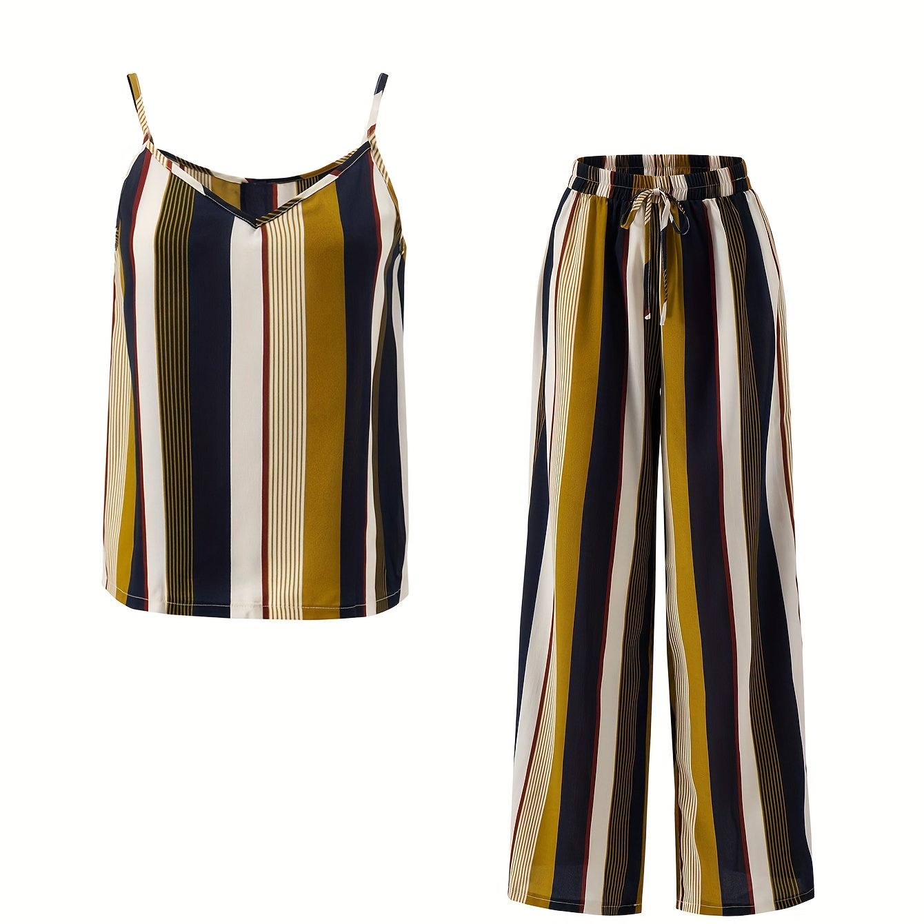 Stripe Print Two piece Set Sleeveless Cami Top & Tie waist Pants