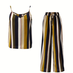 Stripe Print Two piece Set Sleeveless Cami Top & Tie waist Pants