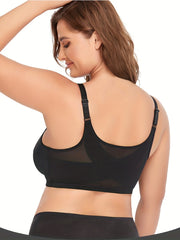 Plus Size Sports Bra Women's Plus Solid Closure Front Wireless Fitness Mesh Bra